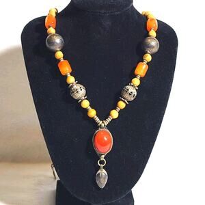Vintage Amber Agate Stone Medallion Seed Beads Filigree Necklace Leaf Tribal